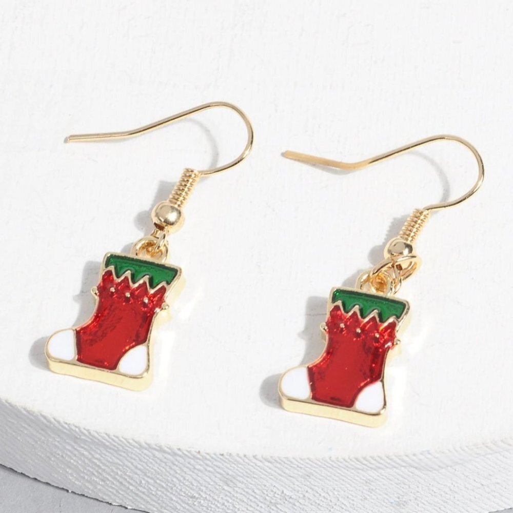 Christmas Holidays earrings jewelry fashion stocking yellow gold tone adorable